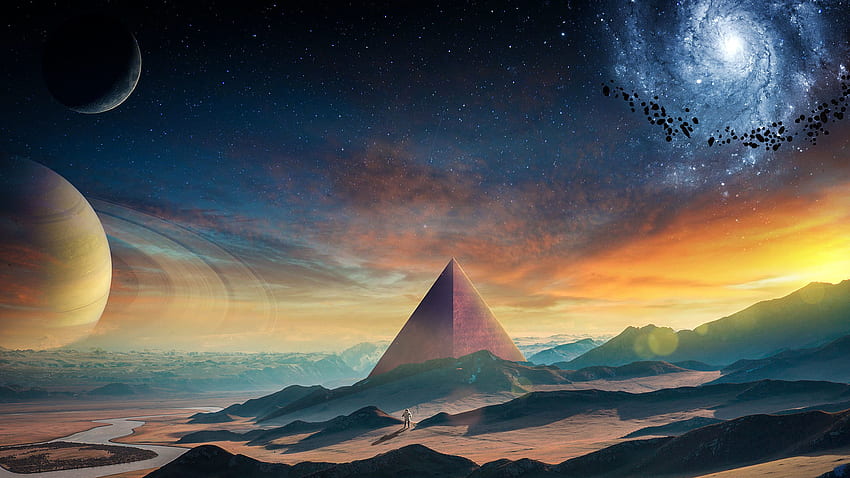 Planet, fantasy, pyramids, space, landscape HD wallpaper