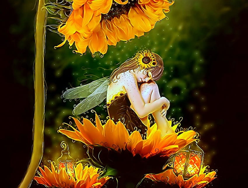 ~Sunflower Dreams~, belle ragazze, arte digitale, girasoli, autunno, ali, caduta, cose strane che la gente indossa, bello, prefabbricato creativo, amore quattro stagioni, fantasia, carino, manipolazione, modelle, ragazze, lanterna, adorabile Sfondo HD