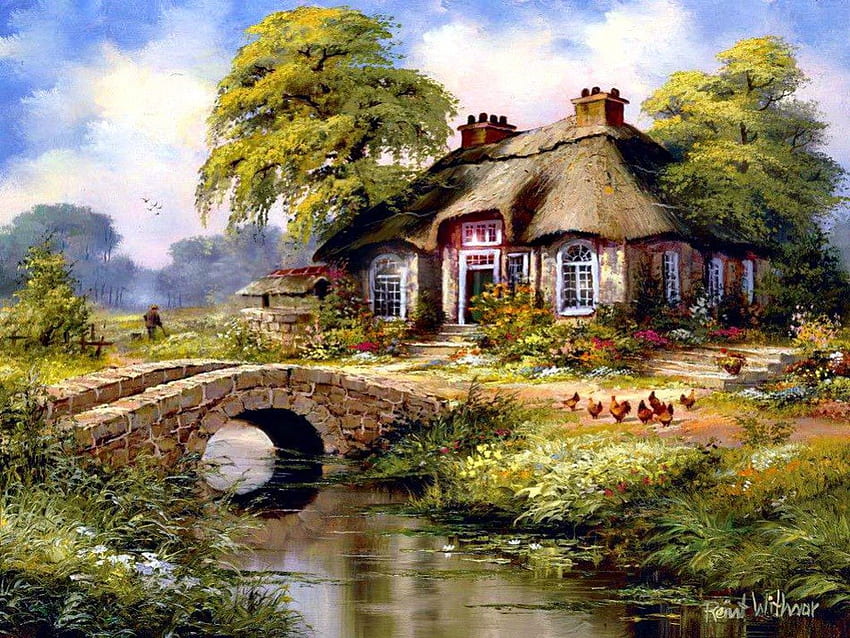 Creek cottage, river, creek, peaceful, rustic, serenity, quiet, reflection, painting, animals, trees, art, house, cabin, summer, flow, bridge, nature, flowers, cottage, calmness, village, countryside, stream HD wallpaper