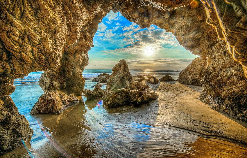 sand, sea, beach, the sky, the sun, clouds, stones, rocks, coast, R, horizon, CA, USA, Malibu Beach for , section природа -, Malibu Beach Sunrise HD wallpaper