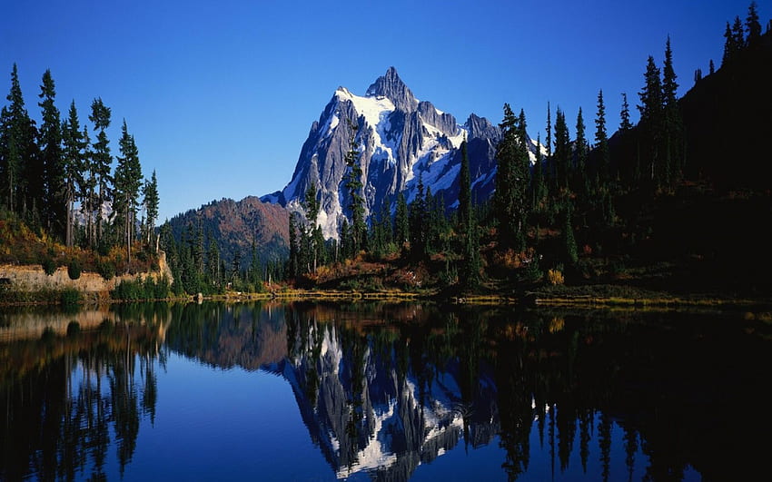 Mountain Reflection, niebieski, trawa, ziemia, góra, jezioro, światło dzienne, dzień, odbicie, drzewa, natura, niebo, las Tapeta HD