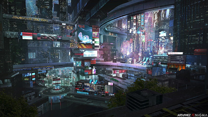 Cyberpunk, Futuristic Office HD wallpaper