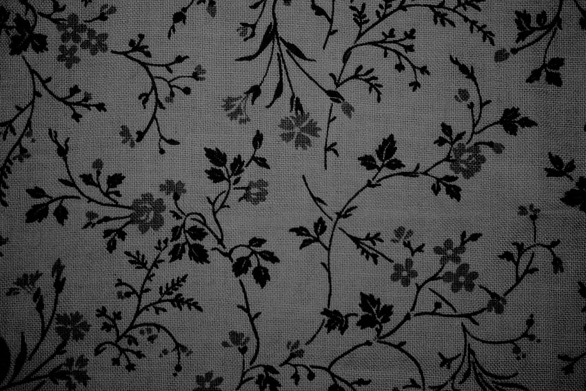 Schwarz auf grauer Stoffstruktur mit Blumendruck - hohe Auflösung. Grauer Blumen-, Blumendruckhintergrund, Blumen HD-Hintergrundbild