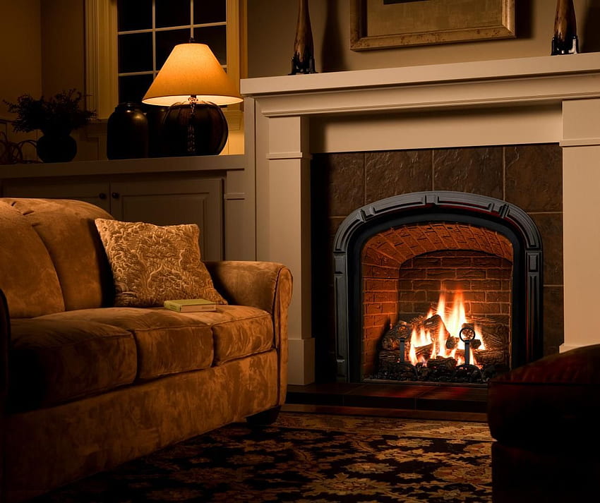 暖炉の背景を持つリビング ルーム、居心地の良い火 高画質の壁紙