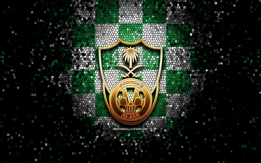 Al-Ahli Suudi FC, parıltılı logo, Suudi Arabistan Profesyonel Ligi, yeşil beyaz damalı arka plan, futbol, ​​Suudi Futbol Kulübü, Al Ahli Suudi FC logo, mozaik sanatı, Al Ahli Suudi FC HD duvar kağıdı