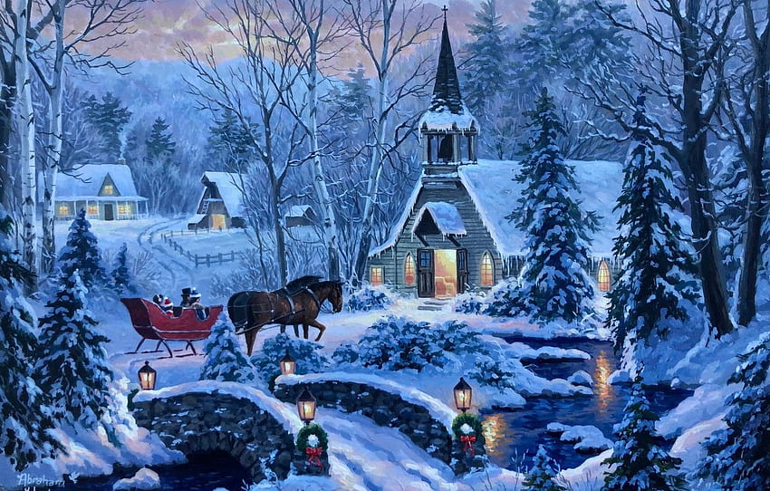 zima, las, śnieg, most, rzeka, wieczór, koń, kościół, Abraham Hunter for , sekcja живопись, Church Snow Tapeta HD