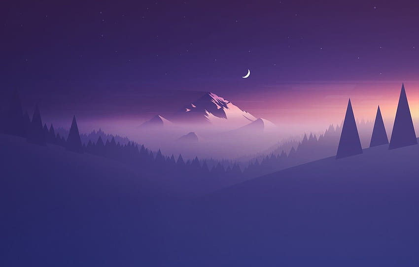 Moon, Purple, Mountain, Minimalism, Abstraction, Purple Moonlight HD wallpaper