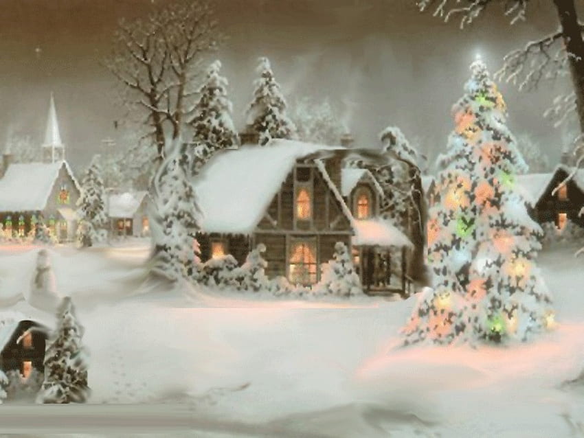 クリスマス-ナチュラル-ビューティー、冬、雪、クリスマス、家、風景、木 高画質の壁紙