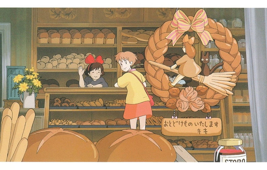 bread, sign, a bouquet of flowers, shop, shelves, Kiki's delivery service, pretzel, hayao Miyazaki, kiki`s delivery service, kiki okino, two girls, bakery for , section сёнэн HD wallpaper