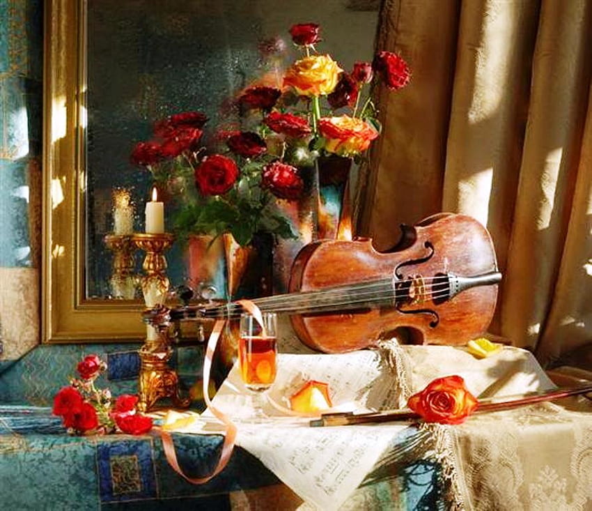 Último romance, espejo, mesa, rosas, copa de vino, pétalos de rosa, romance, partitura musical, violín, bodegón, último, flores, velas, romántico fondo de pantalla