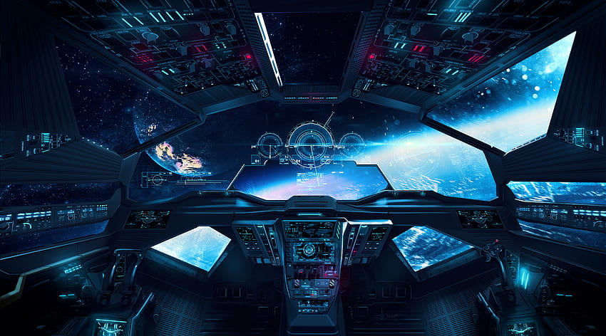 Luciano Neves, cockpit, artwork, digital art, illustration, space, planet, spaceship. HD wallpaper