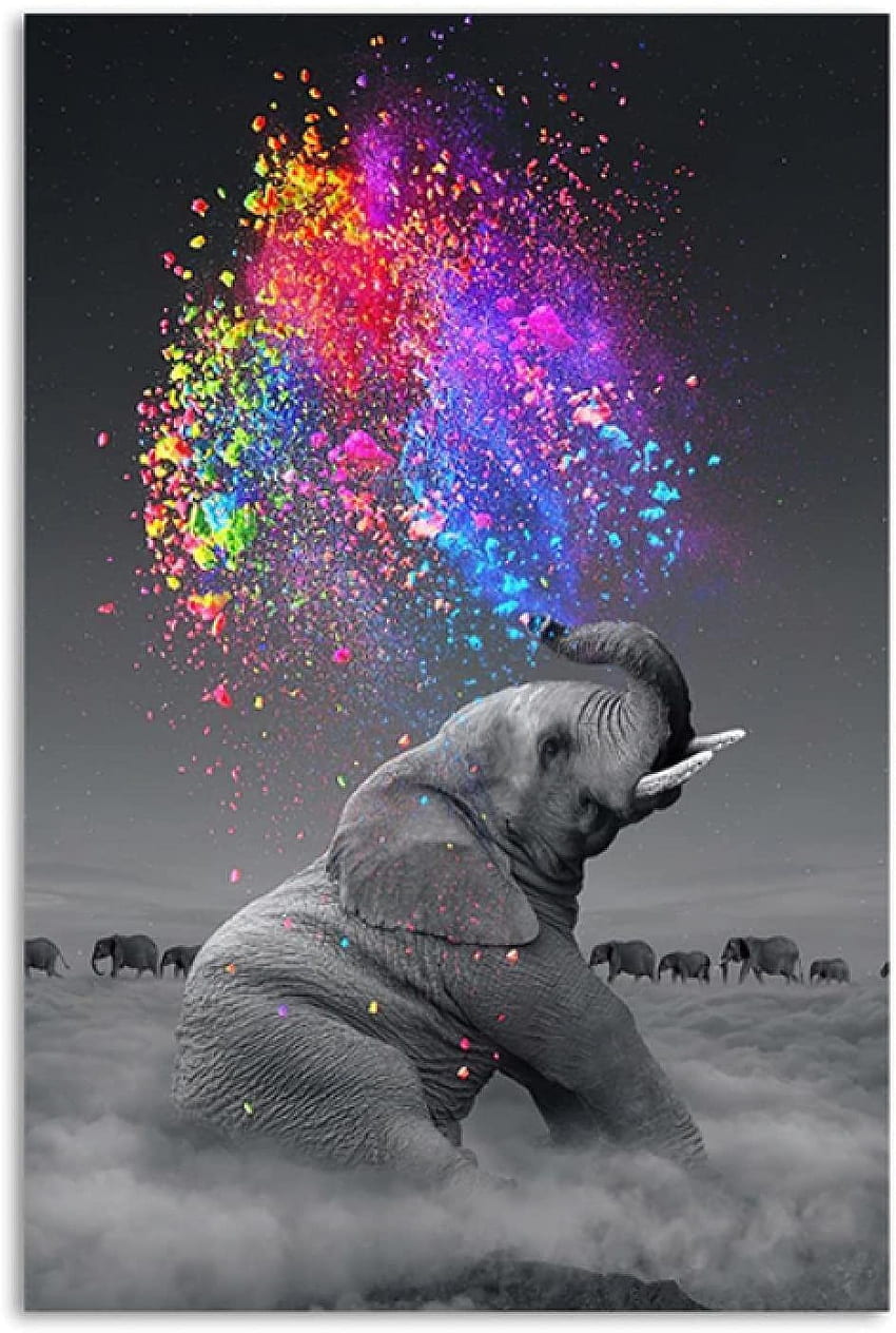 Print On Canvas，Modern Animal Canvas Poster Elephant Colorful Oil Painting Wall Art for Living Room No Frame: Posters & Prints HD phone wallpaper