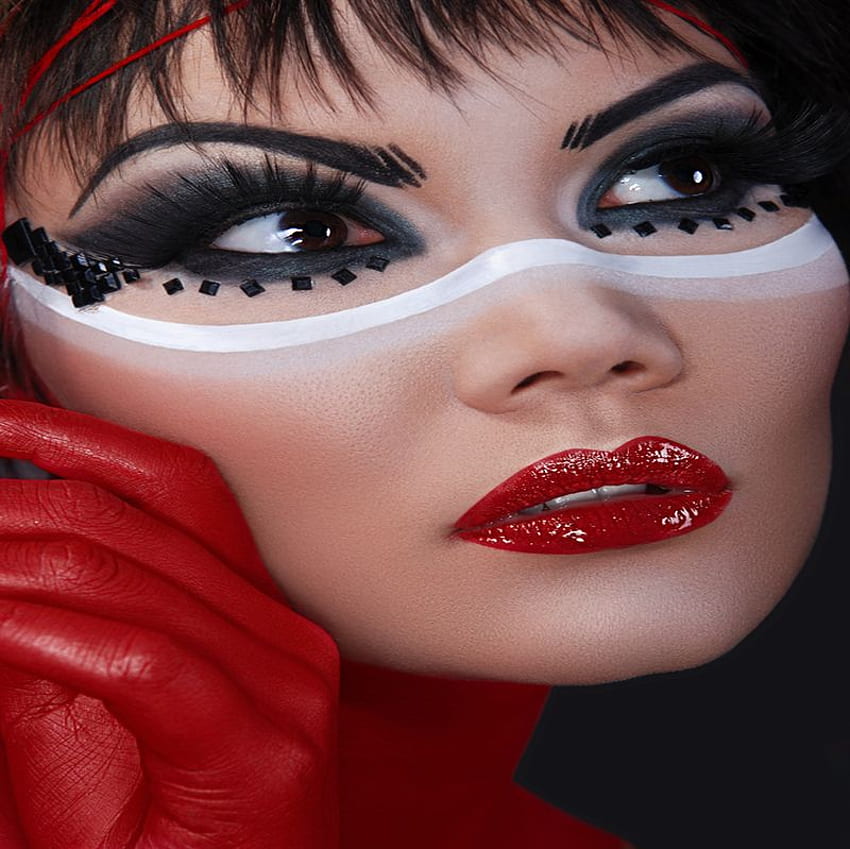 BEAUTIFUL EYES, black, model, pretty, art, red, red gloves, face HD wallpaper