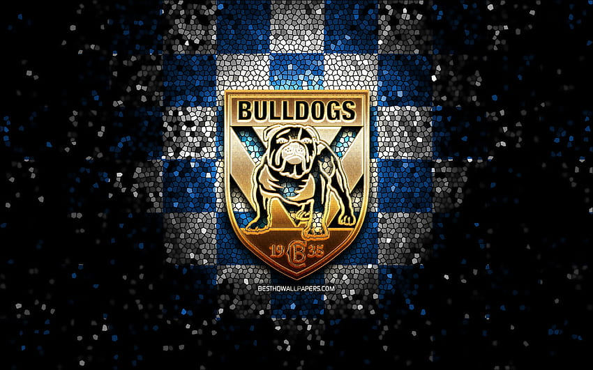 Canterbury Bulldogs, glitter logo, NRL, azul branco fundo quadriculado, rúgbi, australiano rugby clube, Canterbury Bulldogs logotipo, mosaico de arte, National Rugby League papel de parede HD