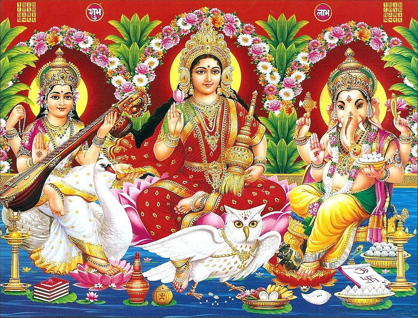 Laxmi Ganesh Saraswati Пълен размер. Богиня Сарасвати, Ганеш, картини на Господ Ганеша, Ганеш Лакшми HD тапет