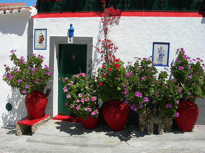 Casa das Flores - Grécia, arte, casa, vermelho, lindo, flores, pequenos, vasos papel de parede HD
