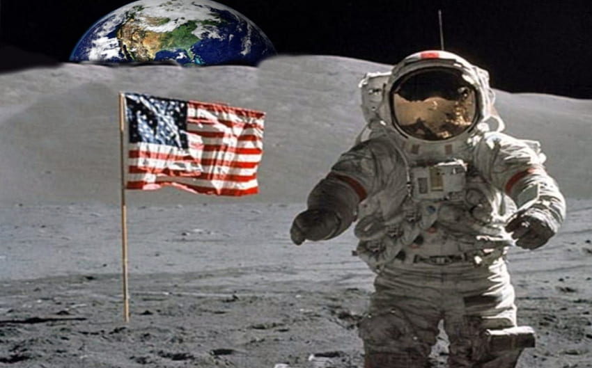 Flaga na Księżycu, kosmos, ziemia, flaga, księżyc Tapeta HD