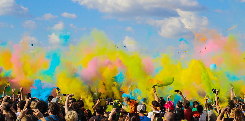 colorful, person, group, yellow, blue, indium, , colour run, summer background, festival, traditional, summer , colour, powder, party, color, celebration, crowd, holi, , summer HD wallpaper