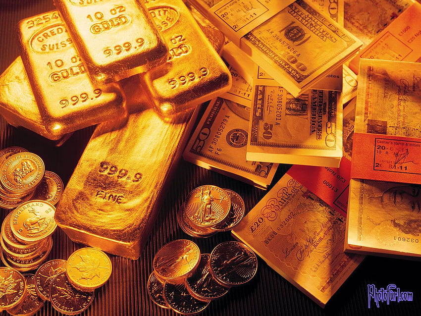 Moeda de ouro e notas de moedas, dinheiro e ouro papel de parede HD