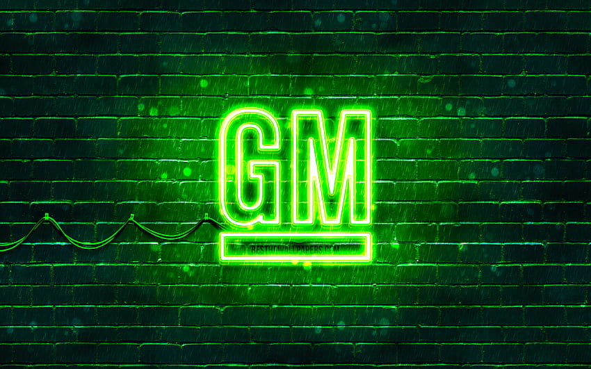General Motors green logo, , green brickwall, General Motors logo, cars brands, General Motors neon logo, General Motors HD wallpaper
