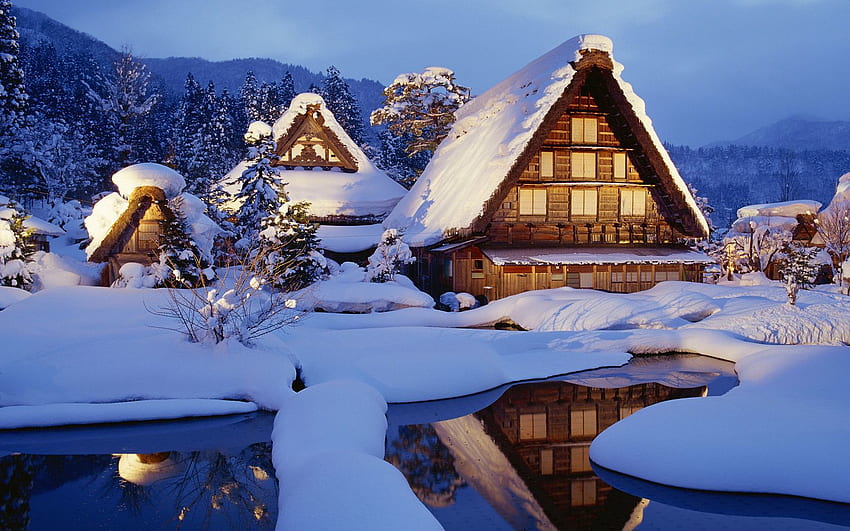 Inverno, Natureza, Casas, Neve, Lago, Reflexão, Brilho, Luz, Japão, Casas Pequenas papel de parede HD