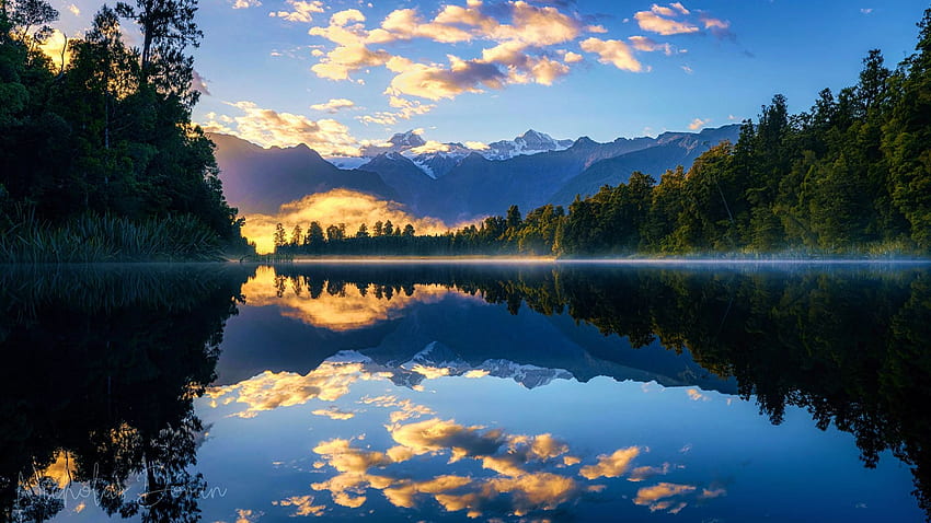 Danau Matheson Selandia Baru, pagi, pohon, awan, langit, gunung, air, pantulan, matahari terbit Wallpaper HD