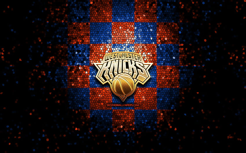 Westchester Knicks, glitter logo, NBA G League, orange blue checkered background, basketball, american basketball team, Westchester Knicks logo, mosaic art HD wallpaper