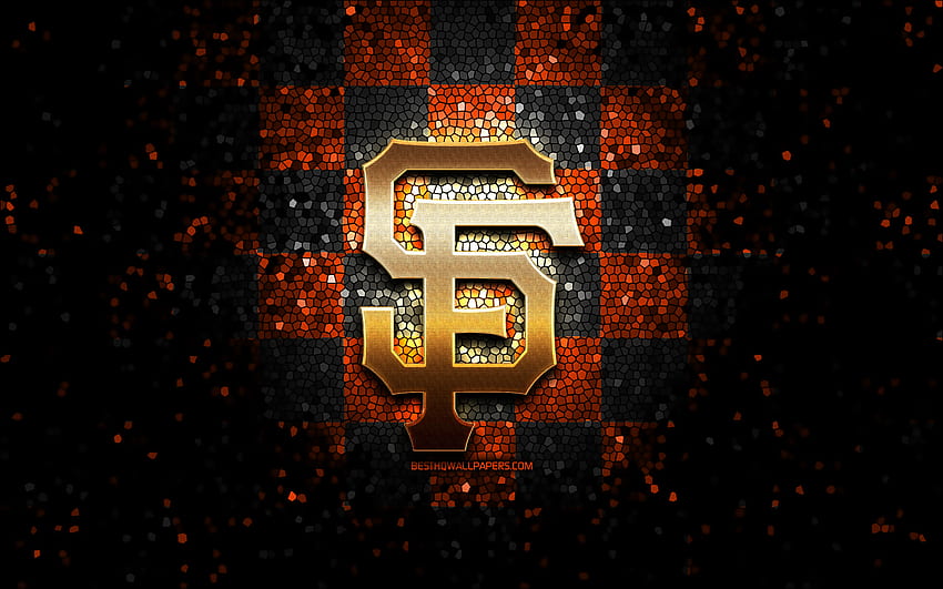 Lambang San Francisco Giants, logo gemerlap, MLB, latar belakang kotak-kotak oranye hitam, tim bisbol Amerika, Major League Baseball, seni mosaik, baseball, San Francisco Giants Wallpaper HD
