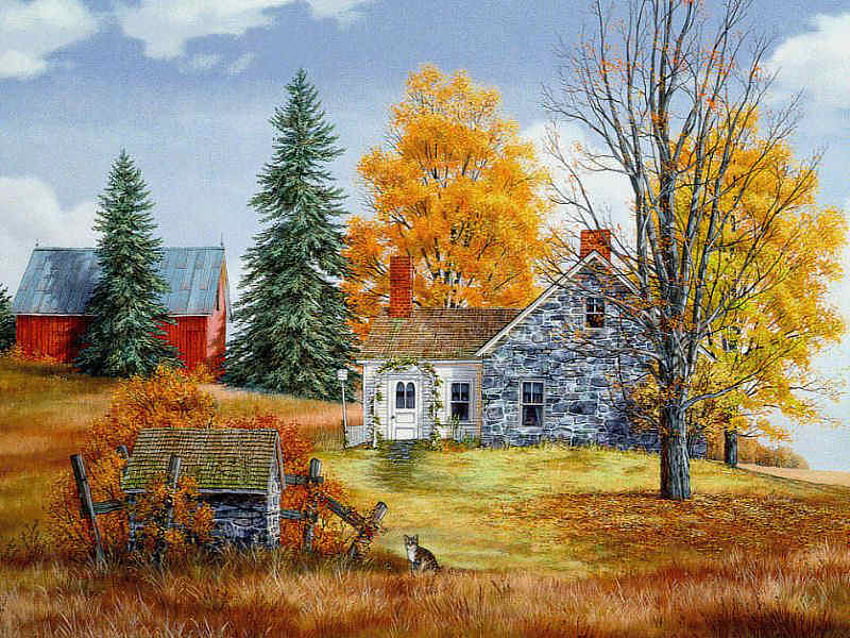 Прекрасен есенен ден, златен, плевня, иглолистни дървета, сутрин, къща, ферма, котка, дървета цветове трева, държава, ограда, есен, небе HD тапет
