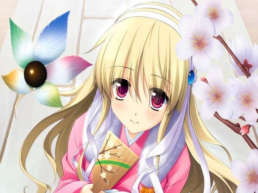 Lovely Girl, sweet, kimono, cute, red eyes, girl, long hair, anime, blonde hair, blush, cherry blossoms HD wallpaper