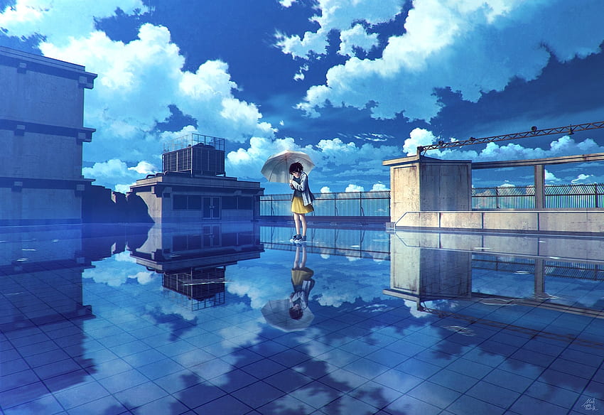 Wasser, Reflexionen, Anime-Mädchen, Wolken, Original HD-Hintergrundbild