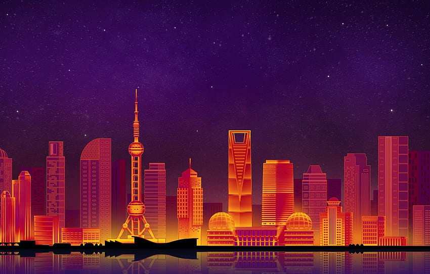 The sky, Minimalism, Night, The city, Shanghai, Shanghai, Art, Digital, Illustration, Game Art, by Caio Perez, Caio Perez, City Background for , section минимализм, Minimalist Skyline papel de parede HD