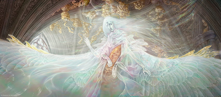 Luceat, fantasy, de delirium x veritatem, golden, wings, art, luminos, angel HD wallpaper