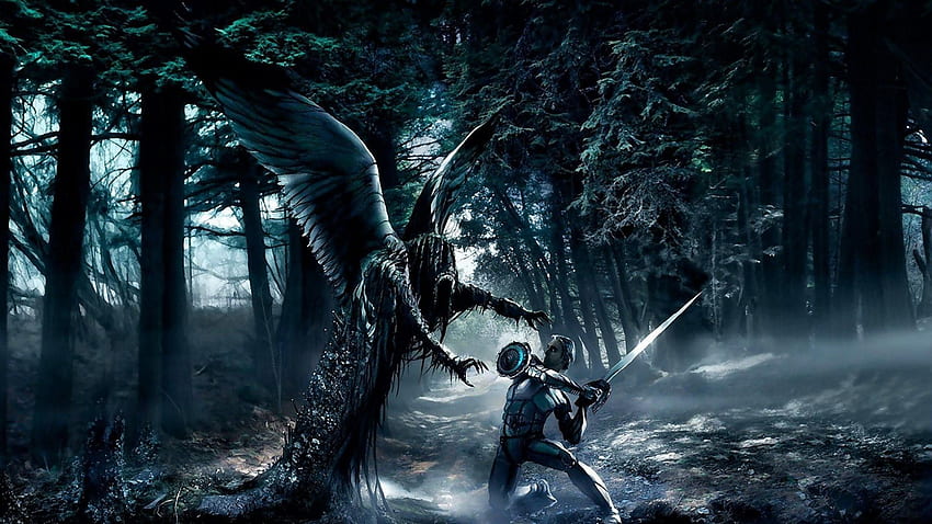 demon, wings, forest, warrior, sword, protect Full Background HD wallpaper