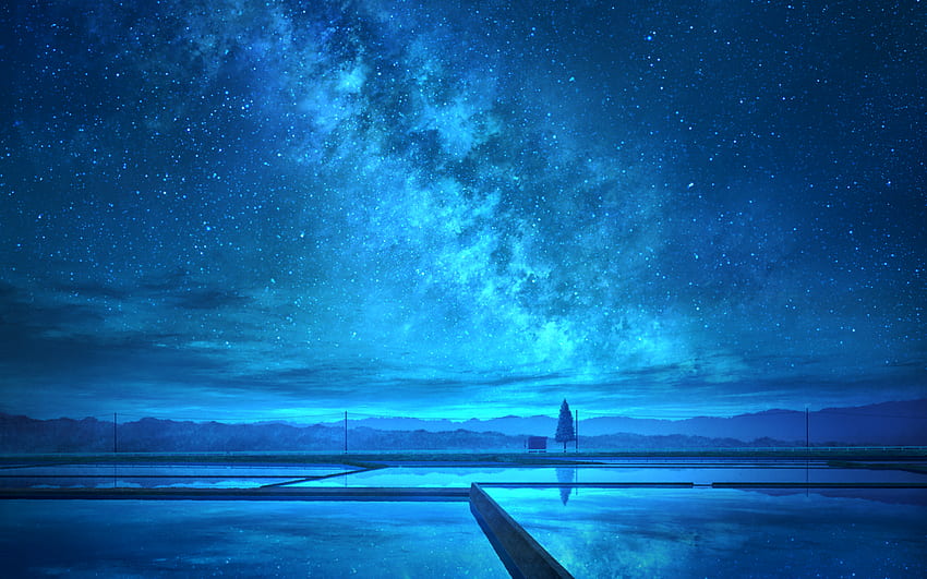 Anime Landscape, Blue Sky, Stars, Night, Reflection für MacBook Pro 17 Zoll, Anime Blue Sky HD-Hintergrundbild