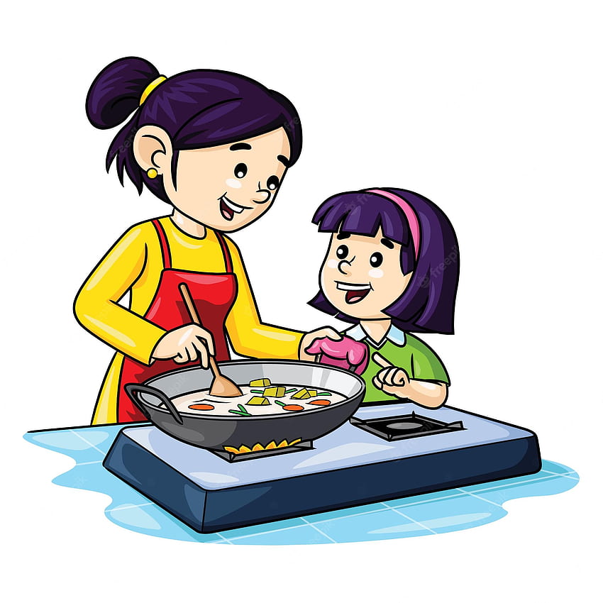 Premium Vector. Илюстрация на сладка анимационна майка и деца, които готвят в кухнята, Карикатура за готвене HD тапет за телефон
