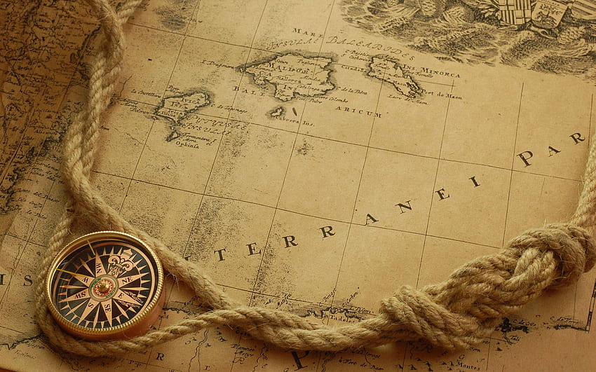 The compass lies on a nautical map (phone background), Adventure Map HD wallpaper