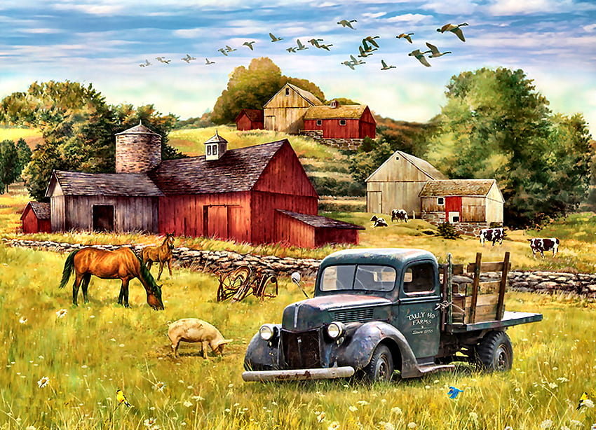 Summer Afternoon on the Farm, horse, architecture, art, landscape, farm, beautiful, illustration, artwork, crops, scenery, wide screen, pigs, painting, equine, farm animals, planting HD wallpaper