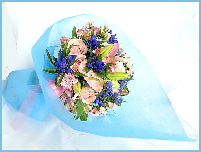 Blooms for Charlene, blue, pink, white, bouquet, green, flowers, spring, tissue HD wallpaper