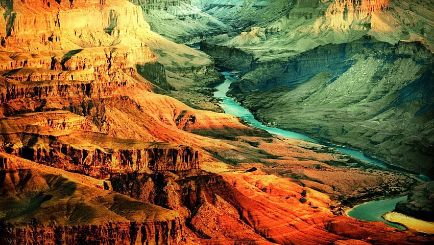 Grand Canyon, azul, rio, grande, laranja, Rocha, Luz do dia, dia, Canyon, bege, camadas, natureza, agua papel de parede HD