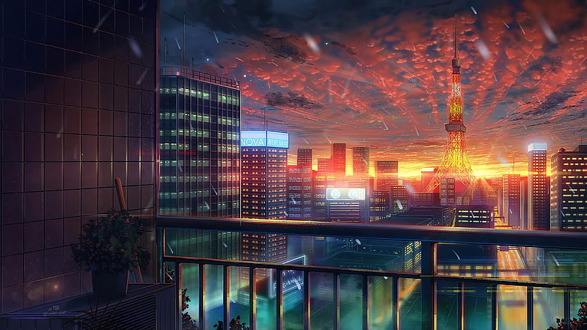Torre de Tokio, Ciudad, Paisaje, Puesta de sol, Anime. Mocah fondo de pantalla