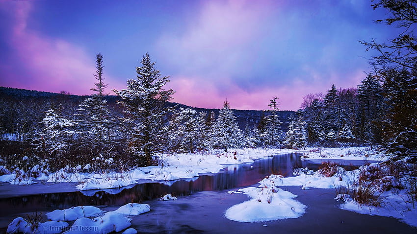 Wintery river wetlands in the West Virginia Highlands, ice, snow, trees, landscape, water, usa, sunset HD wallpaper