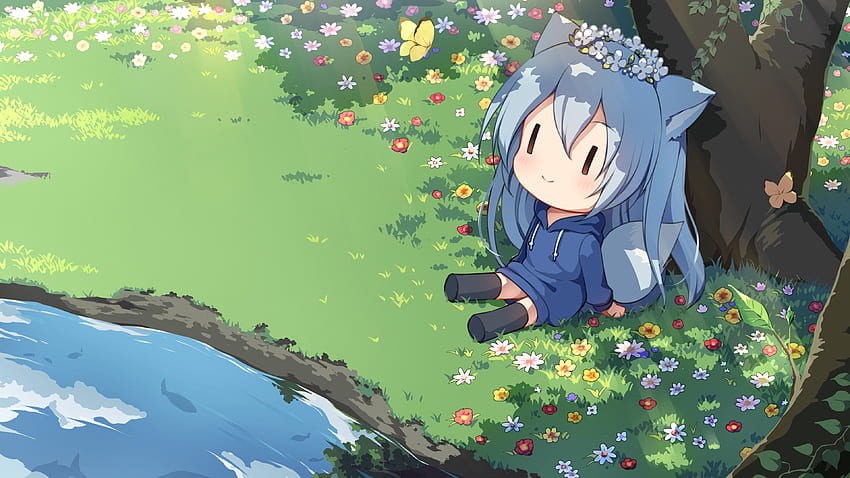 Chibi Anime Girl, süß, aquafarbenes Haar, Spiegelung, Fuchsmädchen, Tierohren, Schmetterling - Auflösung:, süßes Fuchsmädchen HD-Hintergrundbild