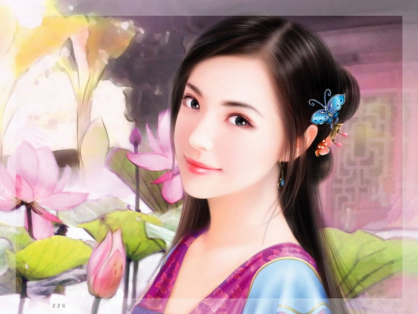 Chinese Beauty, chinese, girl, beauty, butterfly, flower, water lily, pond, lotus, female HD wallpaper