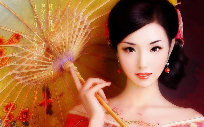 Grafika 3D orientalnych kobiet. Gejsza trzymająca japońską parasolkę, Japanese Geisha Girls Art Tapeta HD