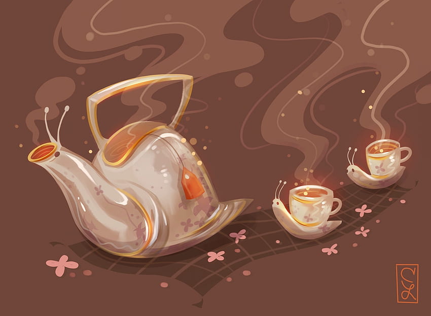 Tea snails, cute, claire lin, cup, snail, teapot, tea, art, orange, brown, fantasy HD wallpaper