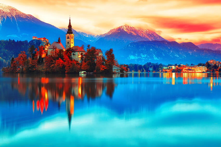 Bled, island, reflection, autumn, beautiful, mountain, lake, Slovenia, lights HD wallpaper