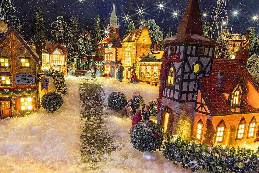 雪の夜、冬、雪、町、美しい、星、家、お店、休日、雪、ライト、クリスマス、通り、景色、空、コテージ、村 高画質の壁紙