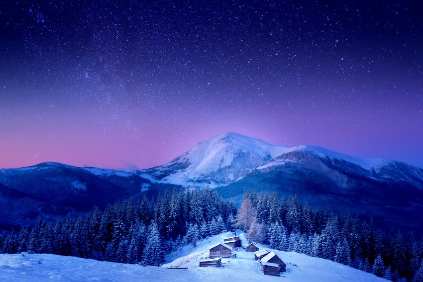 Villaggio invernale, inverno, notte, tranquillo, stelle, bello, case, montagna, cottage, valle, neve, Carpazi, cielo, sera, villaggio Sfondo HD