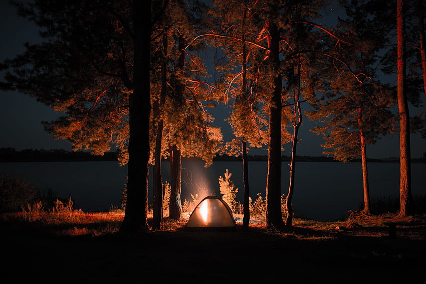 自然, たき火, 夜, 暗い, テント, キャンプ, キャンプ場 高画質の壁紙